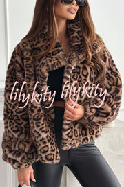 Stylish Leopard Print Lapel Long Sleeve Short Coat