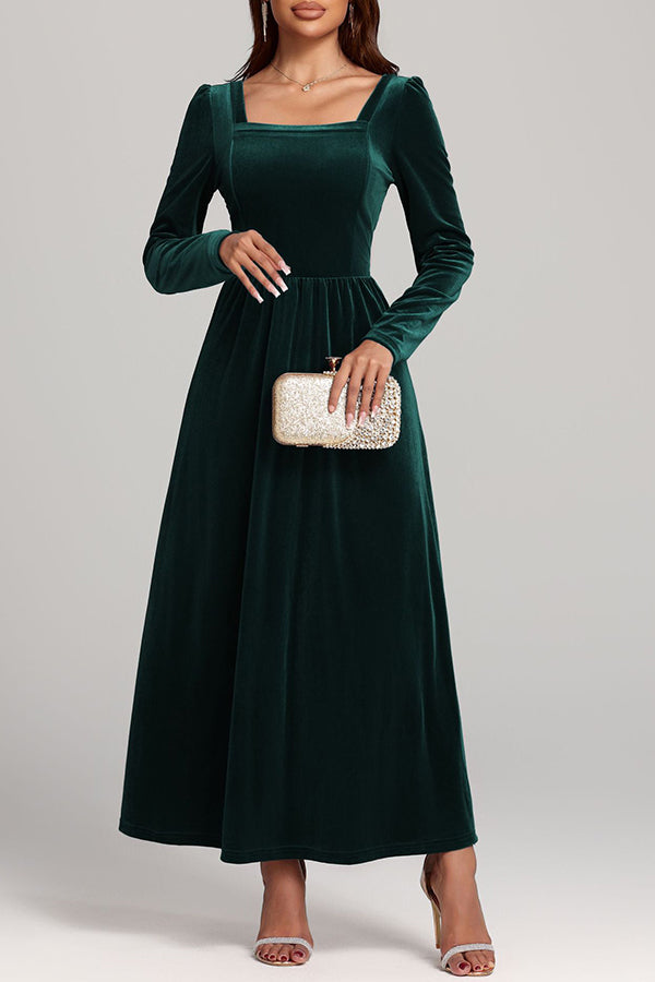 Solid Color Velvet Square Neck Long Sleeve Elegant Maxi Dress