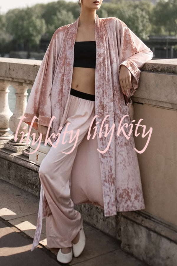 Gorgeous Glossy Velvet Long Bell Sleeve Tie-up Pocket Midi Kimono Coat