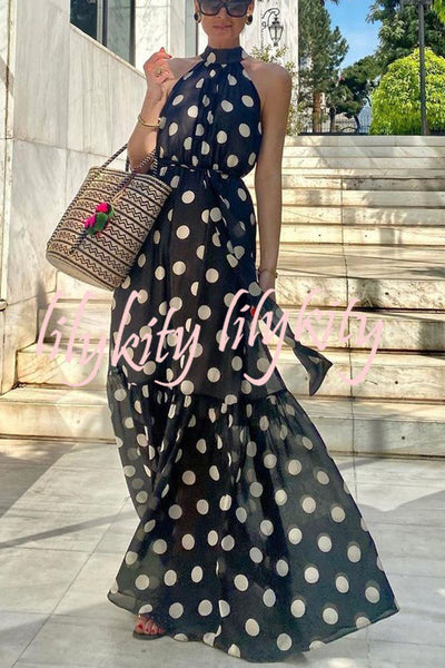 Charming Idea Polka Dots Belted Halter A-line Maxi Dress