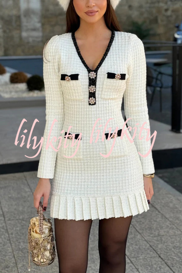 Stylish Waffle Contrast V-neck Ruffled Knitted Mini Dress