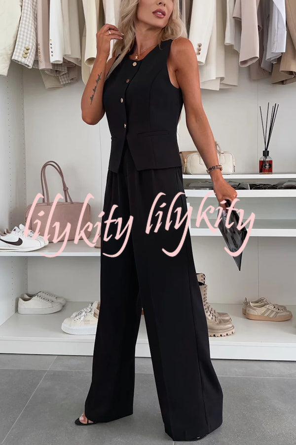 Workplace Chic Sleeveless Button Vest and Relaxed Pocket Wide Leg Pants Set