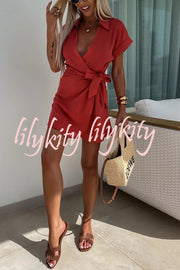 Relaxing Beach Linen Blend Solid Color Wrap Loose Shirt Romper