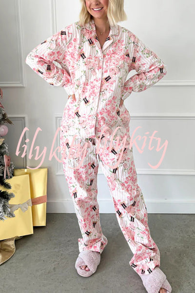 Christmas Print Casual Long Sleeve Pocket Top and Elastic Waist Loose Pants Set