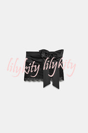 Anna Satin Bow Appliqué Mid Rise Lace Hem Mini Skirt