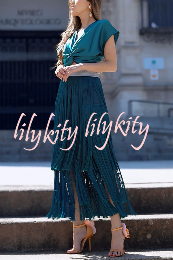 Elegant Tassel Hem Elastic Waist Casual Maxi Skirt
