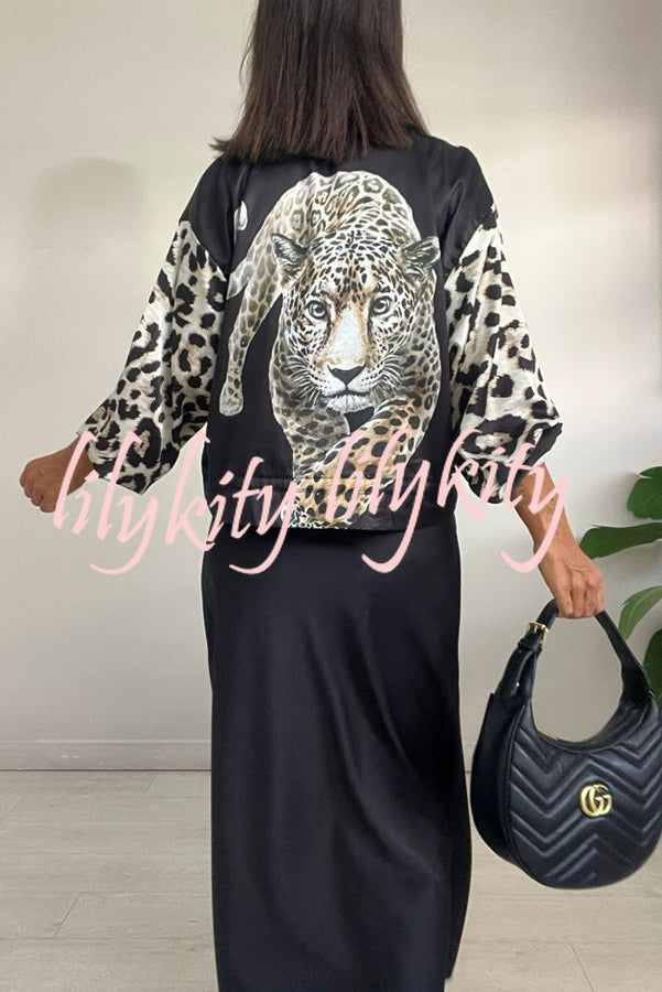 Shiloh Leopard Unique Print Zipper Drawstring Hem Bomber Jacket