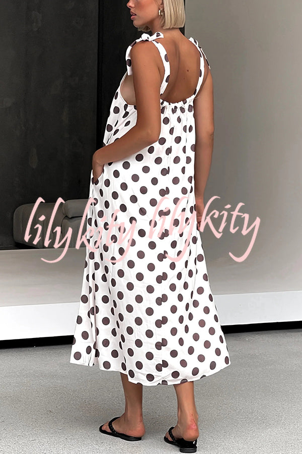 Polka Dot Print Suspenders Strappy Backless Loose Pocket Midi Dress