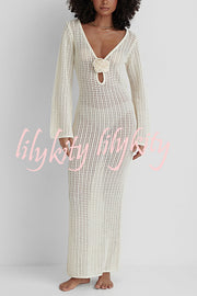 Bahamas Knit Long Bell Sleeve Sexy Backless Holiday Cover-up Maxi Dress