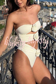 Three Dimensional Flower Bandeau One Piece Swimsuit