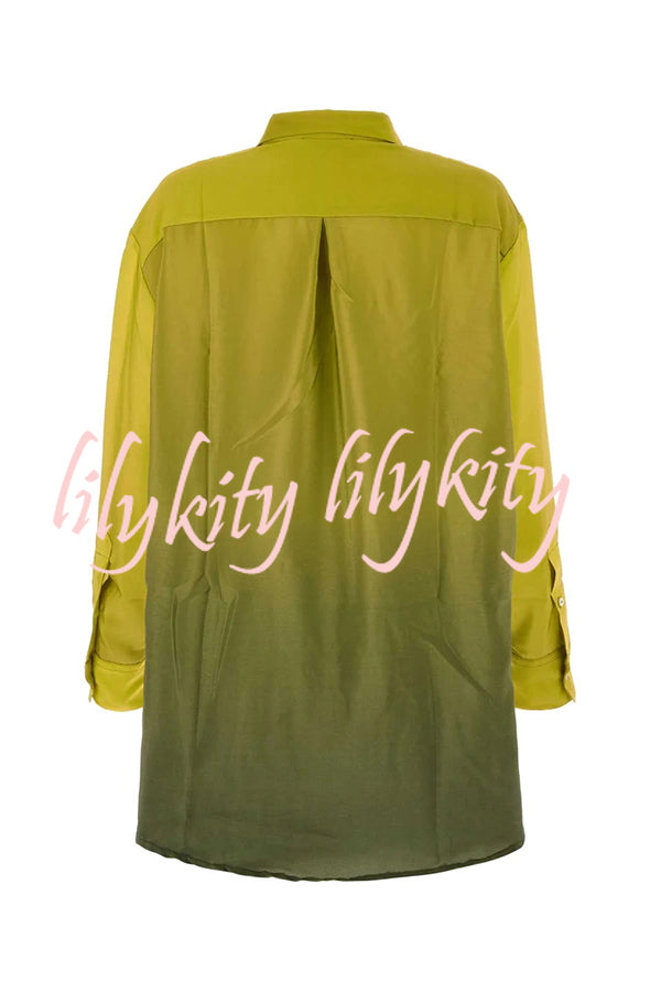 Moonlit Waltz Gradient Print Button Up Long Sleeve Loose Blouse