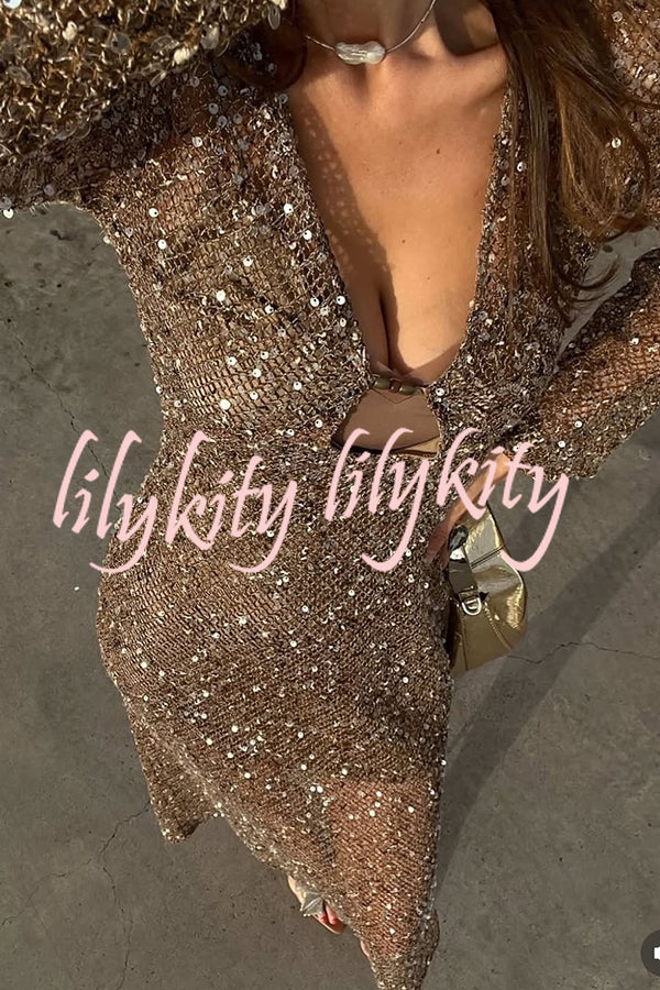 Fashion Sequined Hollow V-neck Long-sleeved Holiday Midi Dress