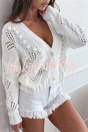 Fashion Hollow Long Sleeve V-neck Button Loose Knitted Cardigan