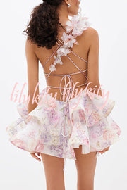 Floral Print V-neck Halter Back Tie Double Layer Mini Dress