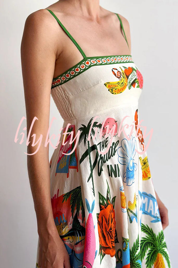 Holiday Paradise Linen Blend Unique Print Smocked Back Pocket Maxi Dress