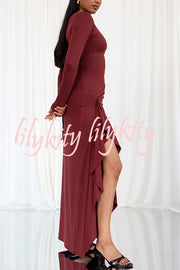 Venus Long Sleeve Ruched Side Slit Drape Ruffles Back Lace-up Stretch Maxi Dress