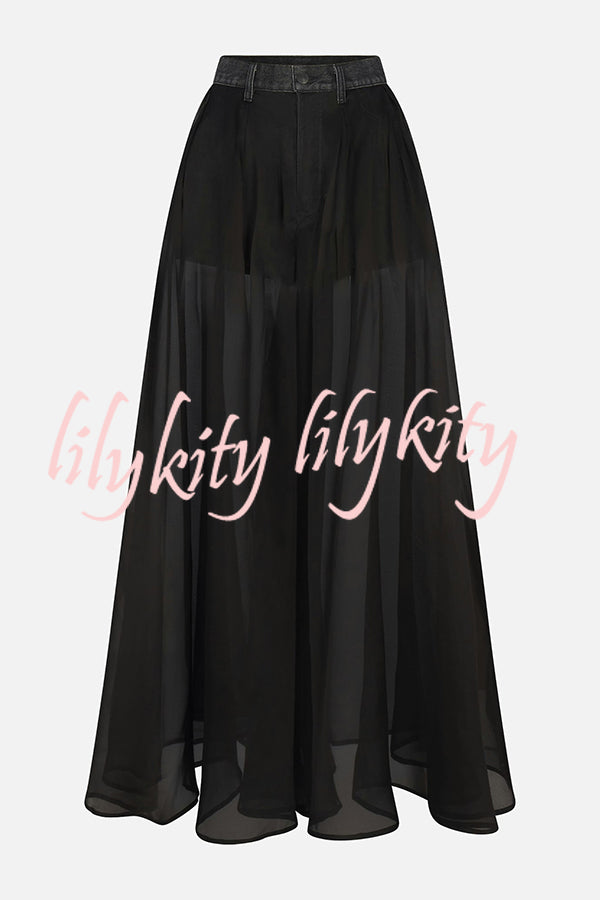Avant-garde Fashion Denim Flowing Organza Patchwork Pocketed Wide Leg Jeans