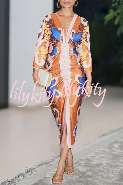 Bahamas Unique Print Dolman Long Sleeve Ruched Slit Midi Dress