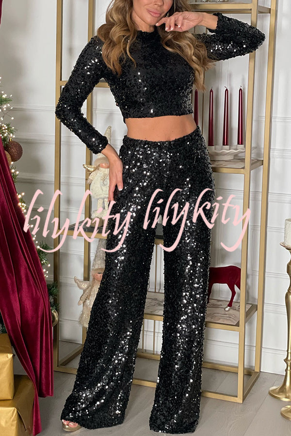 New Start Sequin Long Sleeve Back Tie-up Crop Top and Elastic Waist Loose Pants Set