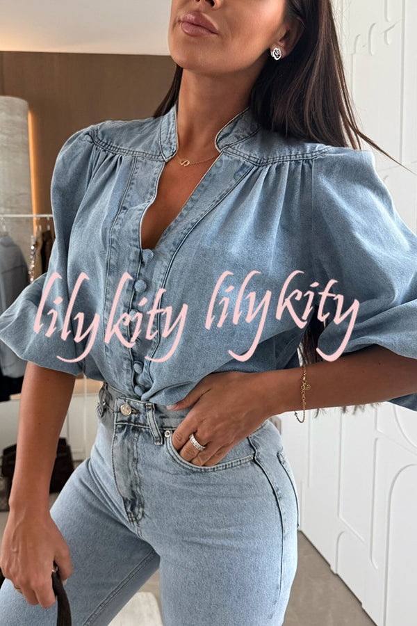 Fashion V-neck Button-down Lantern Sleeve Casual Denim Shirt