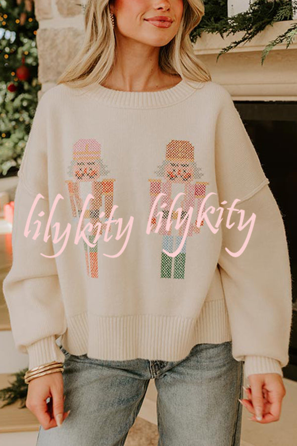 Nutcracker Nights Cross Stitch Knit Long Sleeve Loose Sweater