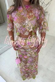 Fashionable Embroidered Flower Sequined Crop Top and Elegant Sheer Maxi Skirt Set