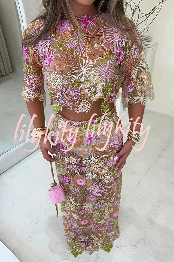 Fashionable Embroidered Flower Sequined Crop Top and Elegant Sheer Maxi Skirt Set