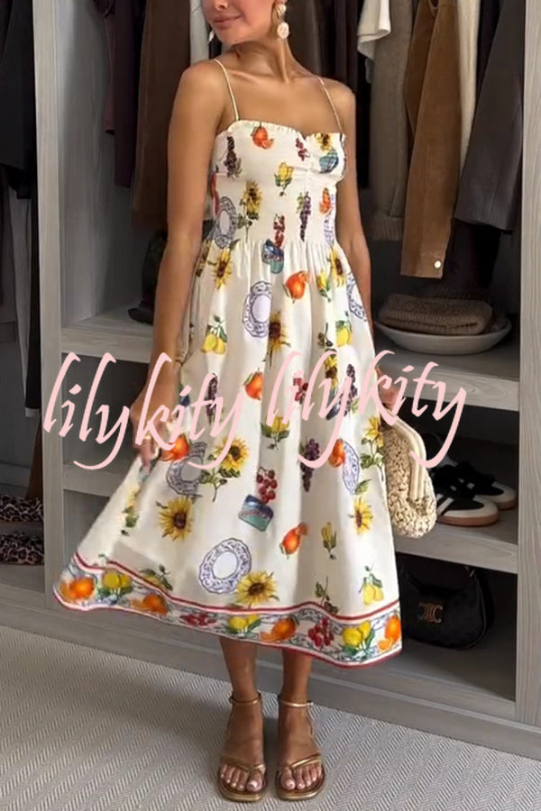 Summer Fruit Print Sling Pleated Vacation Midi Dress