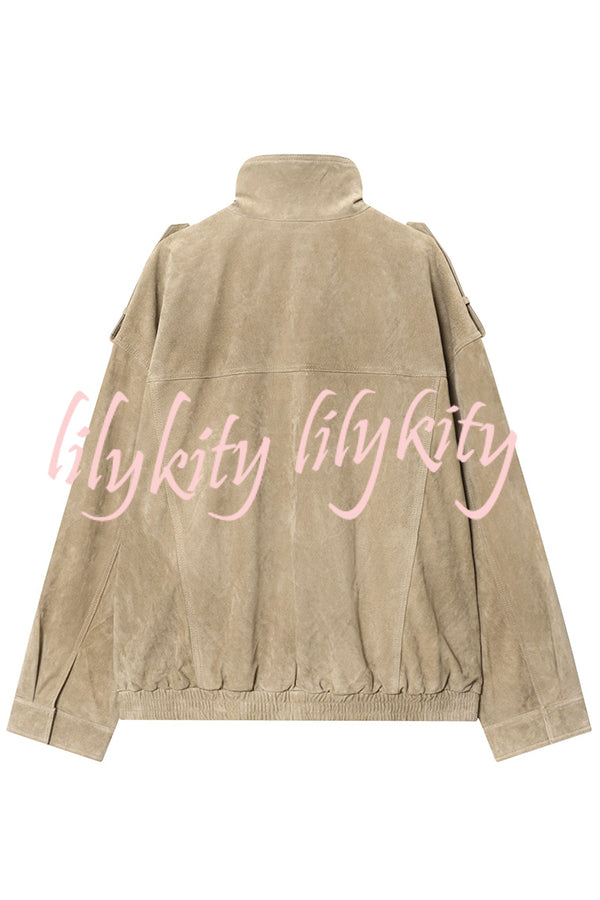 Fashionable Suede Loose Pocket Leather Jacket