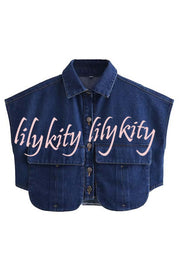 Stylish Weekend Denim Button Up Cape Sleeve Pocket Crop Top