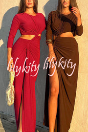 Solid Color Round Neck Long Sleeve Sexy Exposed Waist Slit Maxi Dress