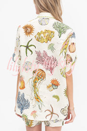 Beach Shell Print Short Sleeve Loose Shirt and Elastic Waist Tie Casual Pocket Shorts Set