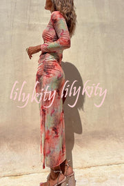 Charm Lady Mesh Overlay Tie Dye Print Long Sleeve Ruched Stretch Midi Dress