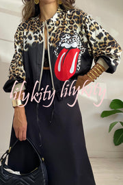 Shiloh Leopard Unique Print Zipper Drawstring Hem Bomber Jacket