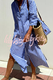 Summer Splendor Printed Button Half Sleeve Belt Loose Shirt Midi Dress