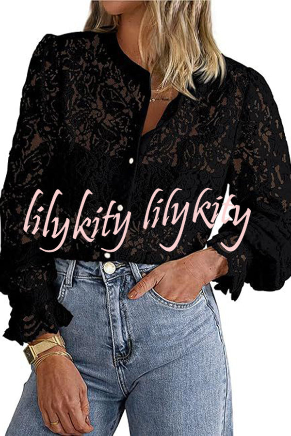 Fashionable Lace Long-sleeved Casual Button-down Shirt