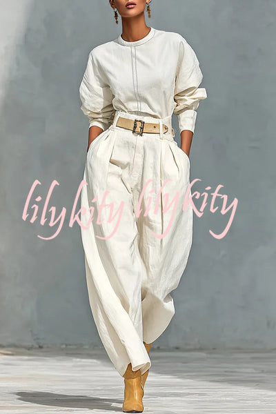 Fashionable Round Neck Long-sleeved Casual Top and High Waist Pocket Loose Wide-leg Pants Set