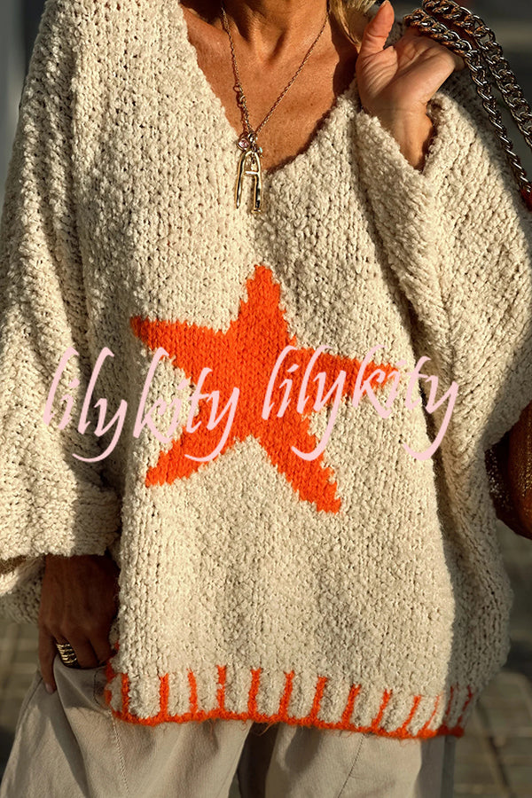 Warm Winter Day Texture Knit Star Pattern Contrast Color Loose Sweater