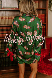 Christmas Dreaming Satin Nutcrackers Print Velvet Trim Elastic Waist Pocketed Pajama Shorts Set