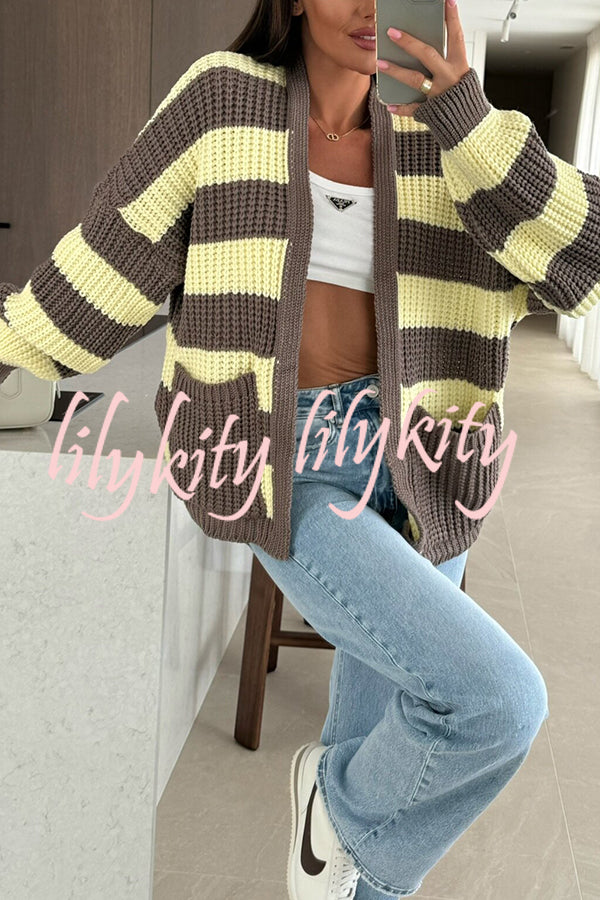 Fashionable Patchwork Striped Casual Pocket Knitted Sweater