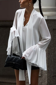 Solid Color V-neck Lace-up Flared Long-sleeved Elegant Loose Top