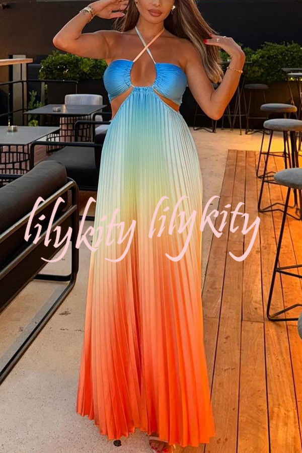 Get Ready Beautiful Gradient Print Cutout Halterneck Pleated Maxi Dress