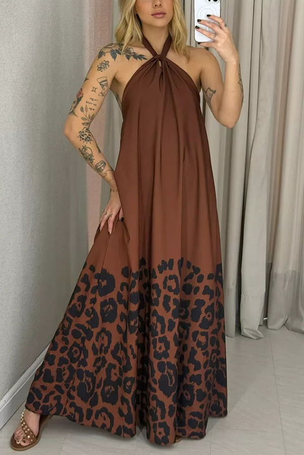 Leopard Print Sexy Halter Neck Backless Loose Maxi Dress