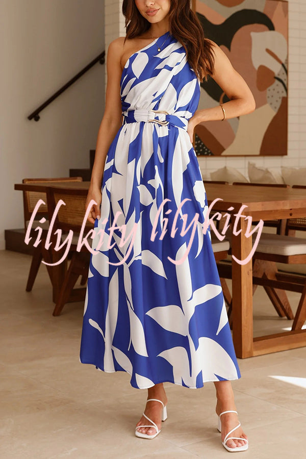 Unique Print Sleeveless One Shoulder Belted Maxi Dress