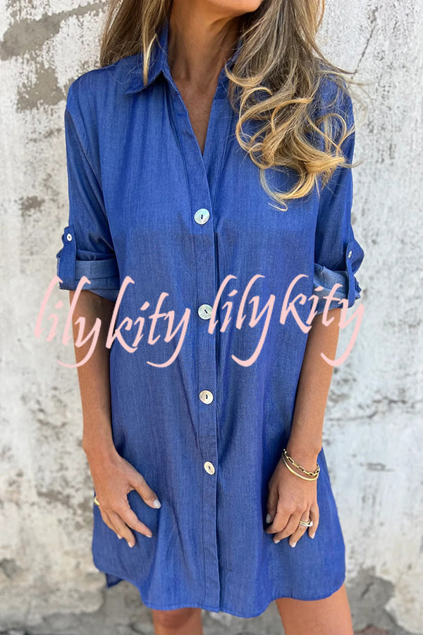 Solid Color Imitation Denim Casual Button Mid-length Shirt