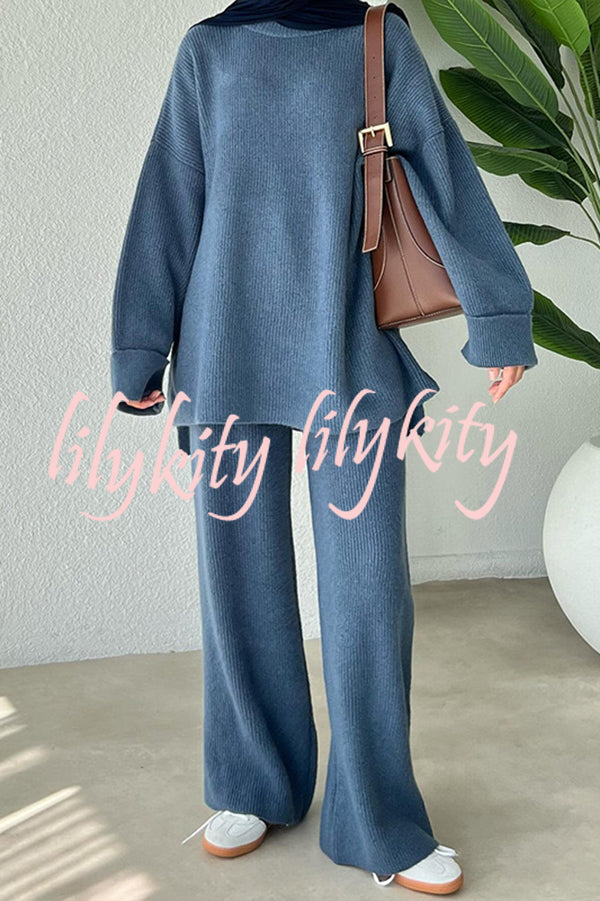 Solid Color Loose Long-sleeved Knit Top and Elastic Waist Casual Straight Leg Pants Set