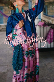 Seaside Stroll Satin Unique Print Button Up Long Sleeve Slit Kaftan Midi Dress