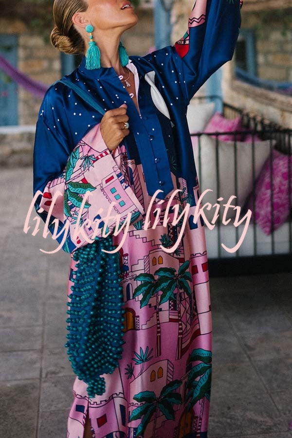 Seaside Stroll Satin Unique Print Button Up Long Sleeve Slit Kaftan Midi Dress