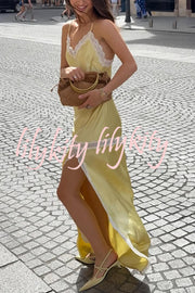 Sweet Trend Satin Lace Trim V-neck Slit Slip Maxi Dress