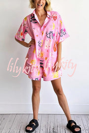 Sunday Mornings Unique Print Short Sleeve Top and Elastic Waist Loose Shorts Set